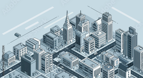 Isometric pixel art cityscape with tall buildings and roads