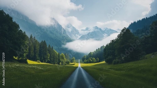 Road to the Majestic Peaks: An open road stretches invitingly towards the majestic mountain peaks, flanked by verdant trees, inviting exploration and adventure under a vast, clear sky. 