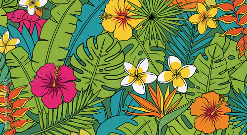 Vibrant tropical floral pattern with lush green leaves and colorful exotic flowers