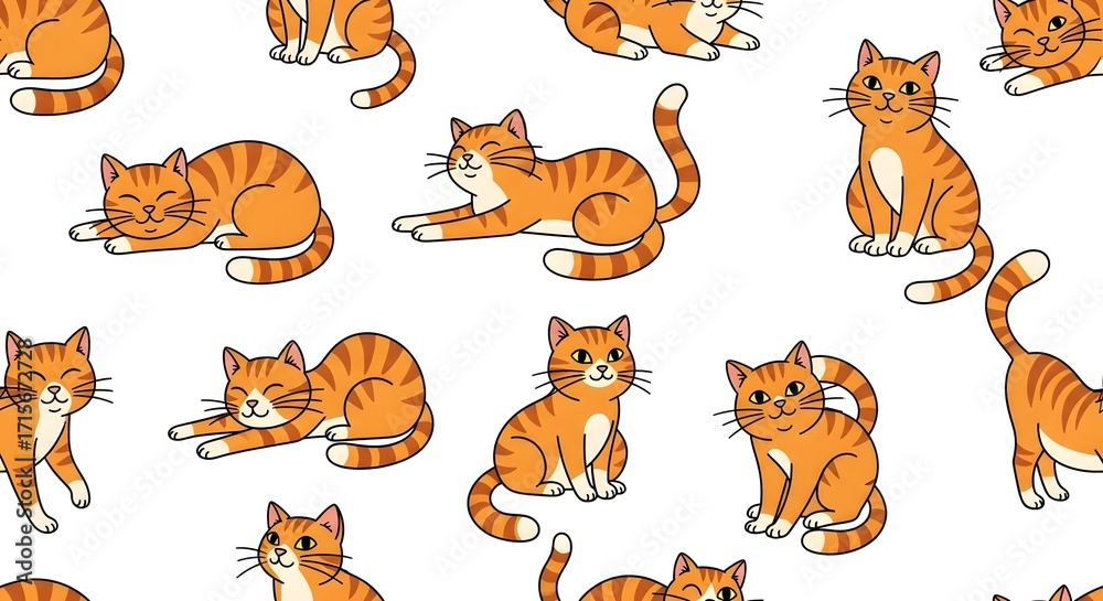 Obraz premium A seamless pattern of cute cartoon ginger tabby cats in various playful poses on a white background.