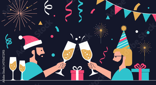 Celebrate New Year's Eve with a Festive Party Scene Featuring Clinking Champagne Glasses, Colorful Party Hats, Fireworks, and Confetti – Perfect for Holiday, Celebration, and Festive Event Promotions