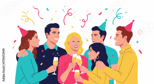 Celebration of Friendship and Joy with Diverse Group of Young Adults in Party Hats Toasting Champagne Glasses at Festive Gathering, Bright Colorful Confetti, Happiness, and Togetherness