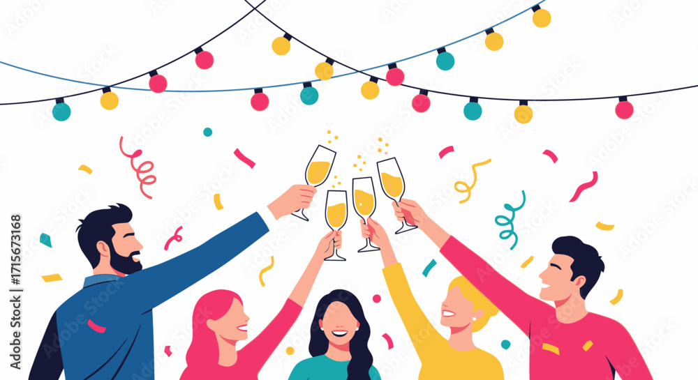 Fototapeta premium Celebratory Party Scene with Diverse Group of People Toasting with Champagne Glasses, Colorful Decorations, Festive Streamers, and String Lights Creating a Joyful, Lively Atmosphere for Events and