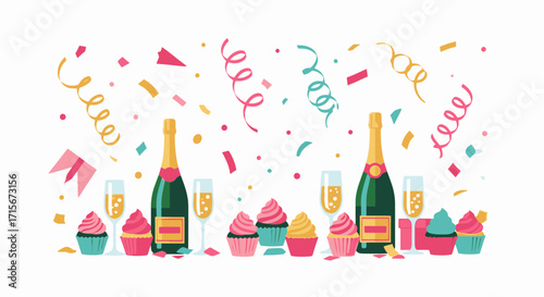 Celebratory Party Scene with Champagne Bottles, Sparkling Flutes, Colorful Cupcakes, Festive Confetti, Streamers, and Bright Decorations, Perfect for Event, Celebration, or Party Promotions