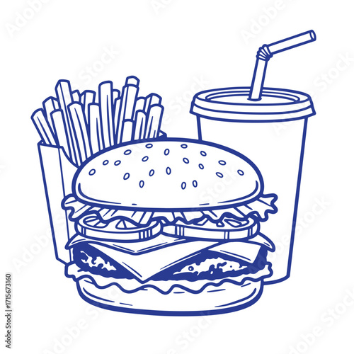 Delicious burger french fries and soda drink in a hand drawn vector style