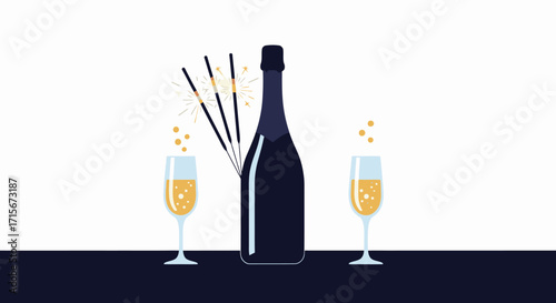 Celebratory Scene with Champagne Bottle and Flutes, Party Atmosphere, Festive Events, New Year’s Eve, Celebration, Cheers, Sparkling Wine, Special Occasion, Luxury Lifestyle, Elegant Toast, Bubbles,