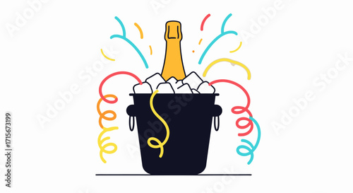 Celebratory Scene with Champagne Bottle in Ice Bucket Surrounded by Colorful Streamers and Confetti, Perfect for Party, Celebration, Festive Event, New Year, Birthday, and Special Occasion Marketing