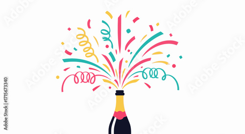 Colorful Fireworks Celebration with Confetti and Champagne Bottle Illustration for Festive Events and Party Promotions
