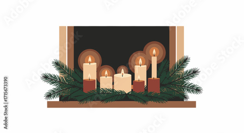 Cozy Christmas Fireplace Scene with Candles and Greenery for Holiday Celebration, Festive Decor, Winter Season, Warm Ambiance, Candlelight Setting, Seasonal Celebrations, Decorative Fireplace Mantel,