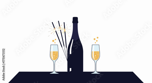 Elegant Celebration Scene with Sparkling Champagne Bottle, Fluted Glasses Filled with Bubbly Champagne and Firework Sparklers on a Black Table, Perfect for Festive Events, Luxury Parties, and Special