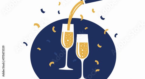 Elegant Celebration Scene with Two Champagne Flutes Filled with Bubbly, Golden Sparkling Wine, Surrounded by Festive Confetti and Decorations for Special Occasions, Joyful Events, and Cheers