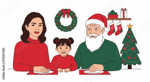 Family Celebrating Christmas with Santa Claus, Christmas Tree, Wreath, Stockings, and Holiday Gifts in Festive Indoor Setting for Holiday Season Joy