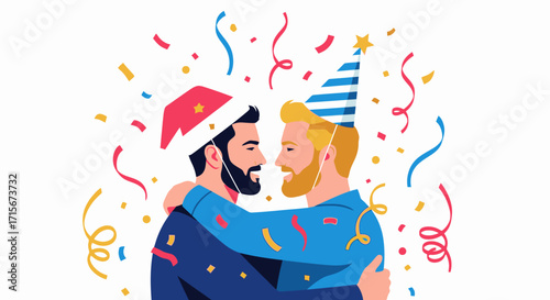 Festive Celebration of New Year's Eve Party with Happy Couples in Party Hats and Confetti, Perfect for Holiday Events, New Year's Greetings, Festive Atmosphere, Joy, and Celebration Theme