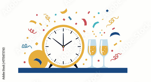 Festive Celebration Scene with Elegant Clock and Flute Glasses on a Table, Surrounded by Colorful Confetti and Streamers for New Year's Eve, Party, or Special Occasion Mood