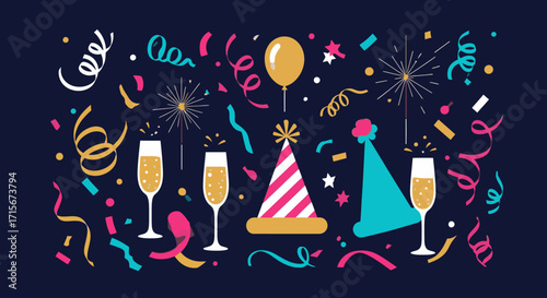 Festive Celebration Scene with Party Hats Champagne Flutes Confetti Balloons Fireworks and Streamers for New Year Birthday Anniversary or Special Event Decorations and Party Supplies