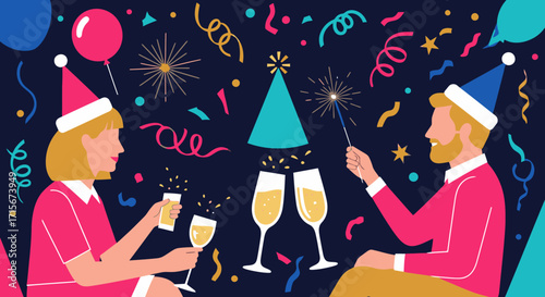Festive Celebration with Friends at New Year's Eve Party Illustration, featuring Party Hats, Champagne Glasses, Confetti, Balloons, Streamers, and Fireworks, Perfect for Holiday Event Promotions