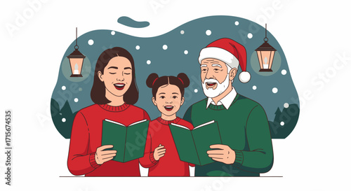 Festive Christmas Family Scene with Smiling Woman Girl and Elderly Man Reading Holiday Carols in Snowy Winter Night with Decorated Christmas Tree and Hanging Lanterns for Celebrations and Holiday