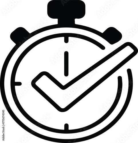 Monochrome line icon of a stopwatch with a check mark symbol.