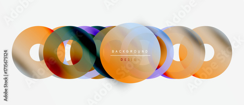 Abstract colorful circles overlap creating modern design. Gradient hues blend, forming dynamic visual composition. Minimalist background enhances shapes.