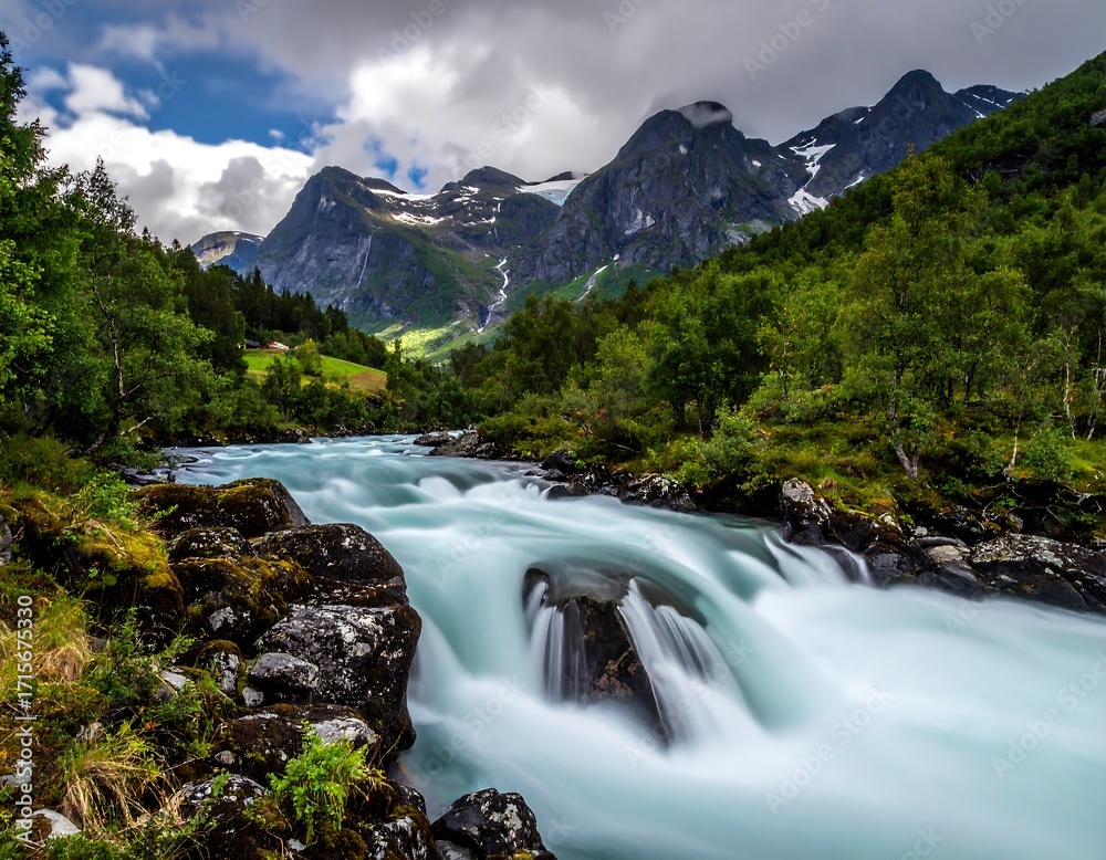 Fototapeta premium Mountain river cascading through lush valley