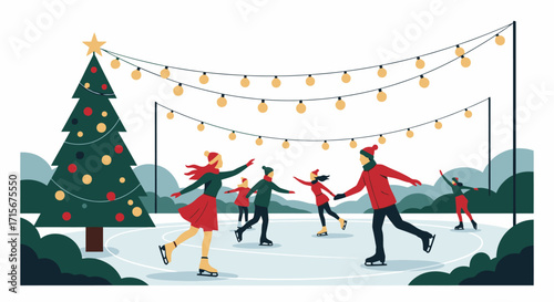 Festive Ice Skating Scene at Night with Christmas Tree and String Lights, Holiday Winter Sports Entertainment for Seasonal Celebrations, Family Fun, and Winter Wonderland Themes