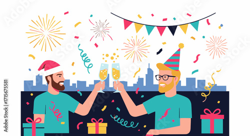 Festive New Year Celebration with Friends Toasting Champagne Glasses, Colorful Banners, Fireworks Display, and Joyful Mood on Rooftop with City Skyline in Background for Holiday Party Promotions