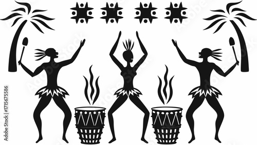 Dynamic African dancers celebrate with drums under palm trees, a vibrant cultural celebration