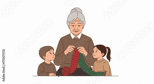Heartwarming Holiday Scene of an Elderly Woman with Gray Hair and Two Children, Weaving Christmas Stockings in a Cozy Home Setting for Family Celebrations and Festive Spirit