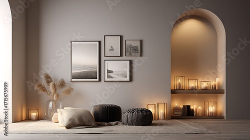 Modern living room with beautiful wall pictures flower pot 