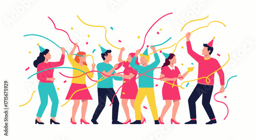 Vibrant Celebration of Party Guests Dancing and Throwing Confetti at Festive Event with Colorful Streamers and Joyful Atmosphere for Entertainment and Social Gathering Concepts