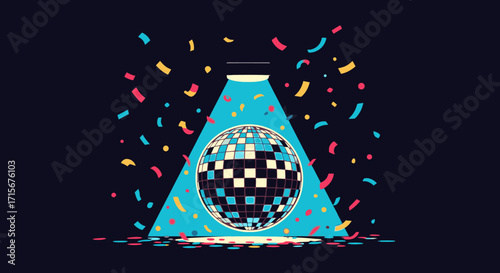 Vibrant Party Disco Ball Illustration with Confetti and Spotlight, Celebratory Nightlife Scene for Dance Events, Events Planning, Entertainment Industry, and Party Decor, Colorful Style