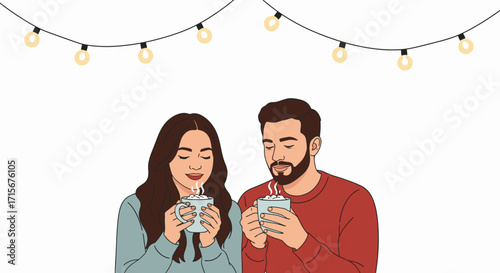 Warm Cozy Holiday Winter Celebration Scene with String Lights, Smiling Couple Drinking Hot Beverages, Festive Seasonal Atmosphere, Romantic Winter Date, Indoor Holiday Party, Happy Couple Enjoying