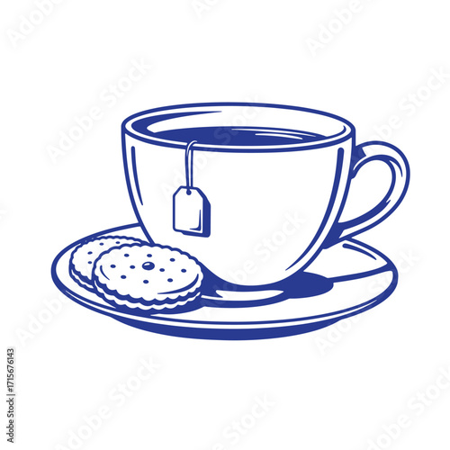 Elegant illustration of tea in a cup with biscuit snack and teabag on a saucer
