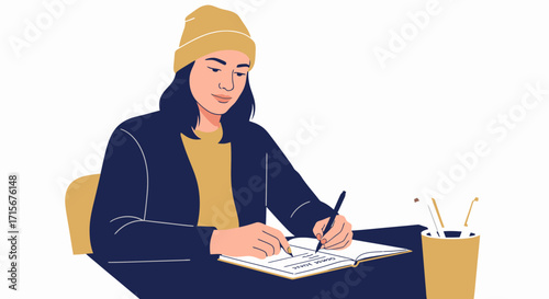 Young Woman Studying and Taking Notes at a Desk in a Modern Workspace, Focused on Learning, Personal Development, and Academic Success, Illustration for Education, Self-Improvement, and Productivity