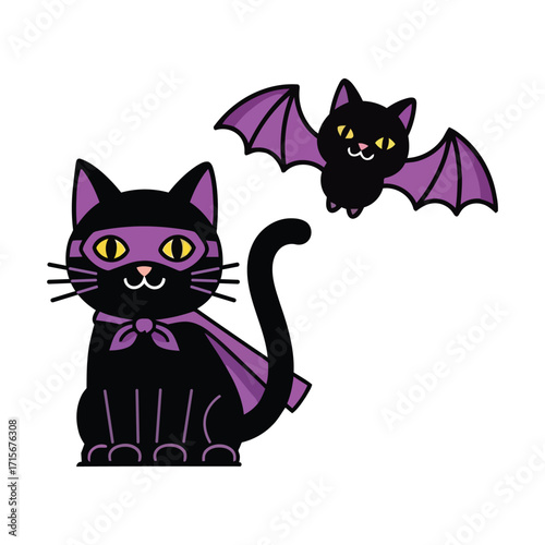 Cute Halloween Black Cat and Bat Illustration