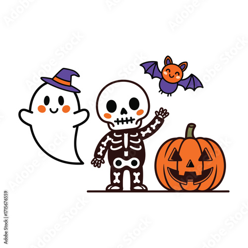 Cute Halloween Characters Ghost Skeleton Pumpkin Bat