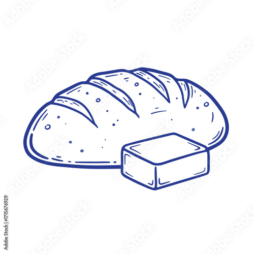 Hand drawn illustrated loaf of bread with a butter block on a white background