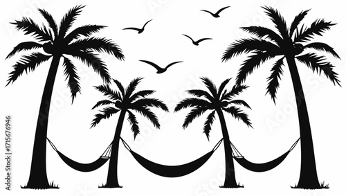 Tropical paradise escape with palm trees and relaxing hammocks for carefree vacation vibes