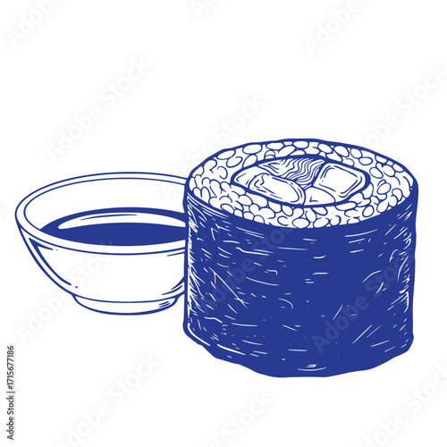 Hand drawn illustration of a delicious maki sushi roll served with soy sauce