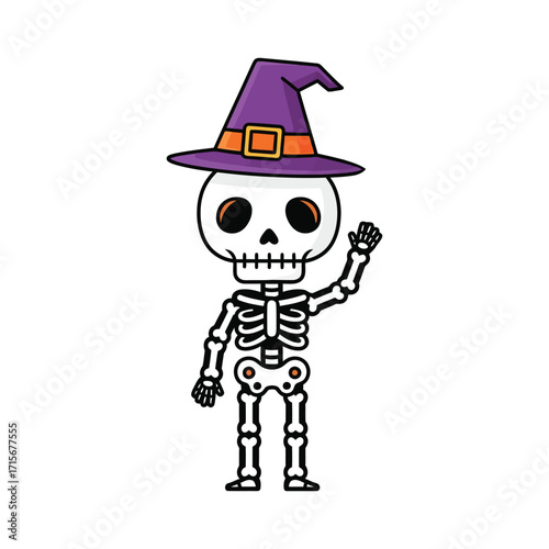 Cute cartoon skeleton wearing a witch hat waving hello