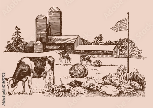 Panorama of countryside landscape with cow. Pen sketch converted to vector drawing
