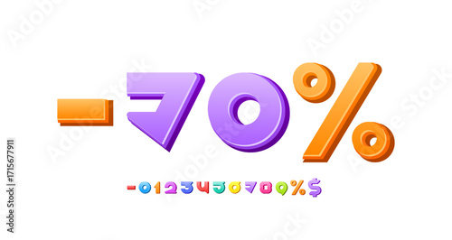 3D bright numbers, Discount 70% rounded multi colored numerals, vector illustration 10EPS