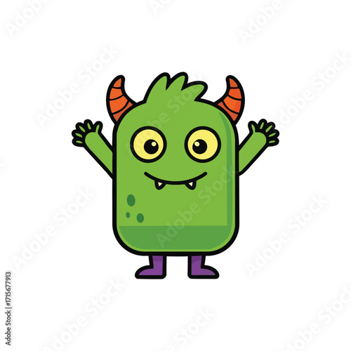 Cute green monster with horns and big eyes