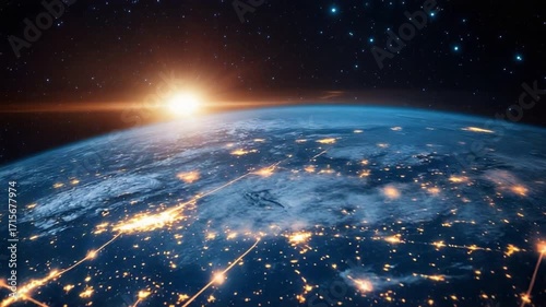 Sunrise on Earth: The breathtaking view of the Earth from space, highlighting the illuminated city lights under a brilliant sunrise in a realistic depiction of our world.