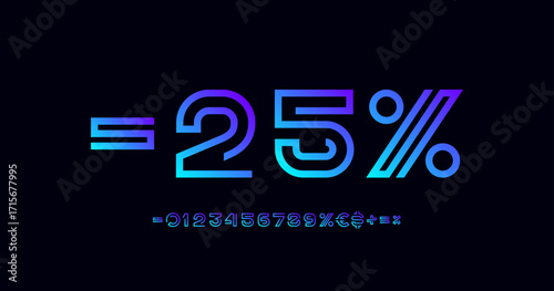 Bright numbers set Discount 25%, trendy numerals 0, 1, 2, 3, 4, 5, 6, 7, 8, 9 made segment line, vector illustration 10EPS
