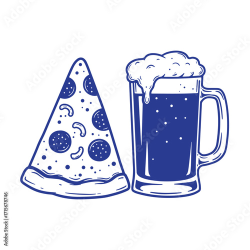 Illustration of a pizza slice and a pint of beer isolated on white background