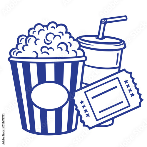 Illustration of movie theater snacks with popcorn drink ticket for entertainment theme