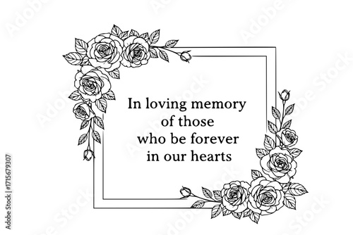 In Loving Memory Text with Rose Blossom Corner, Double Line Frame – Memorial Quote Vector Design for Remembrance and Tribute