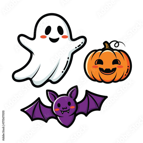 Cute Halloween Ghost Pumpkin Bat Icons Vector Illustration