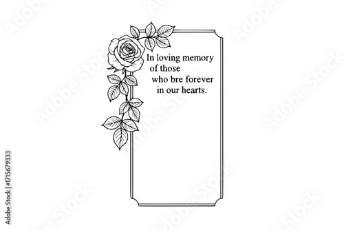 In Loving Memory Text with Rose Blossom Corner, Double Line Frame – Memorial Quote Vector Design for Remembrance and Tribute